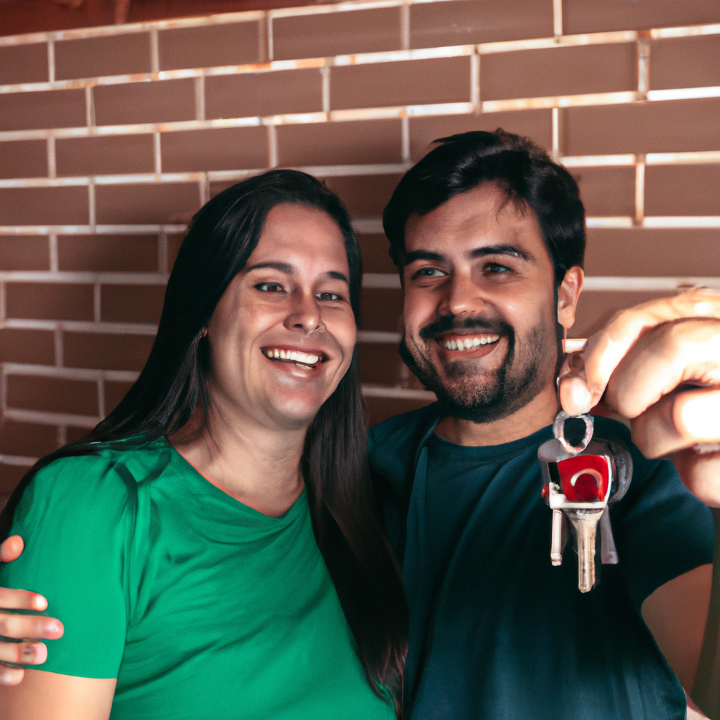 Casal feliz segurando chaves da casa nova